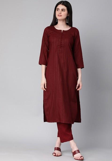 Maroon Striped Poly Blend Salwar Kameez With Dupatta