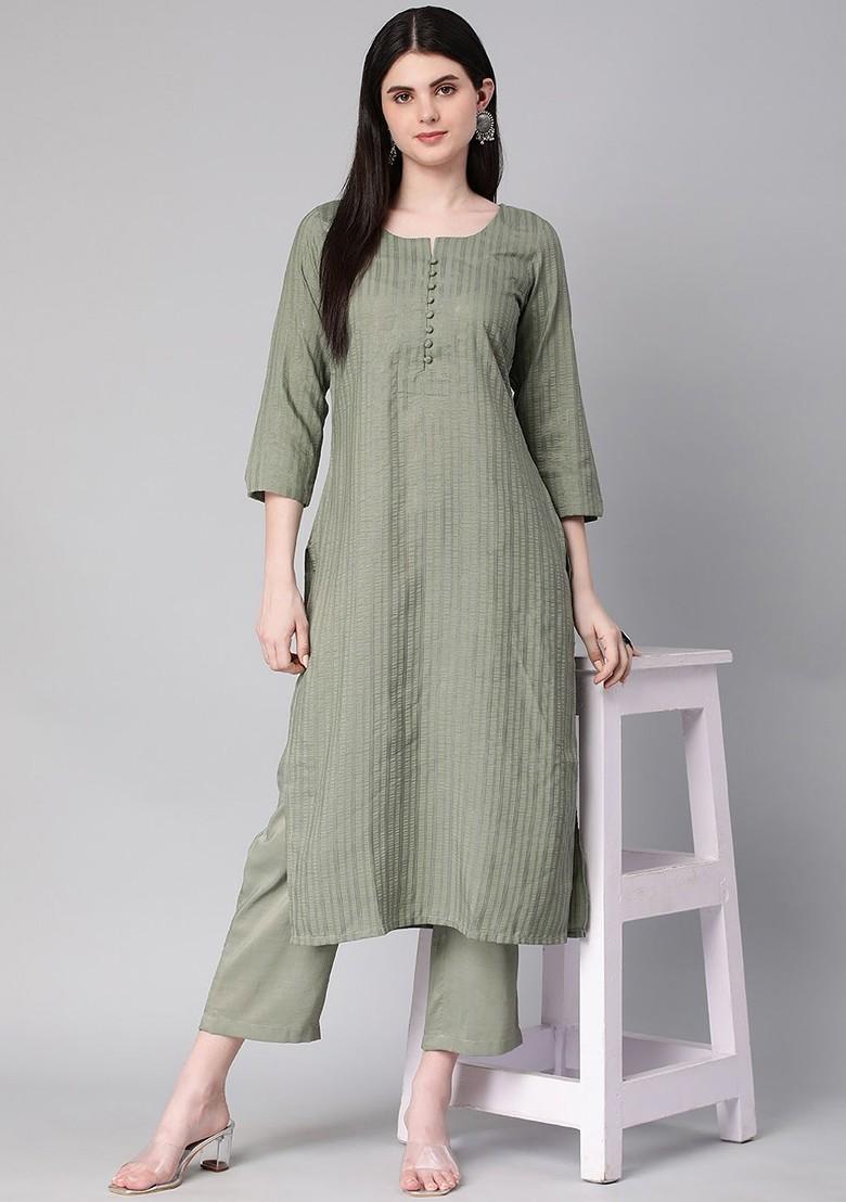 Light Green Striped Poly Blend Salwar Kameez