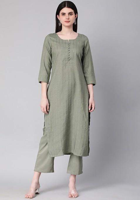 Light Green Striped Poly Blend Salwar Kameez With Dupatta