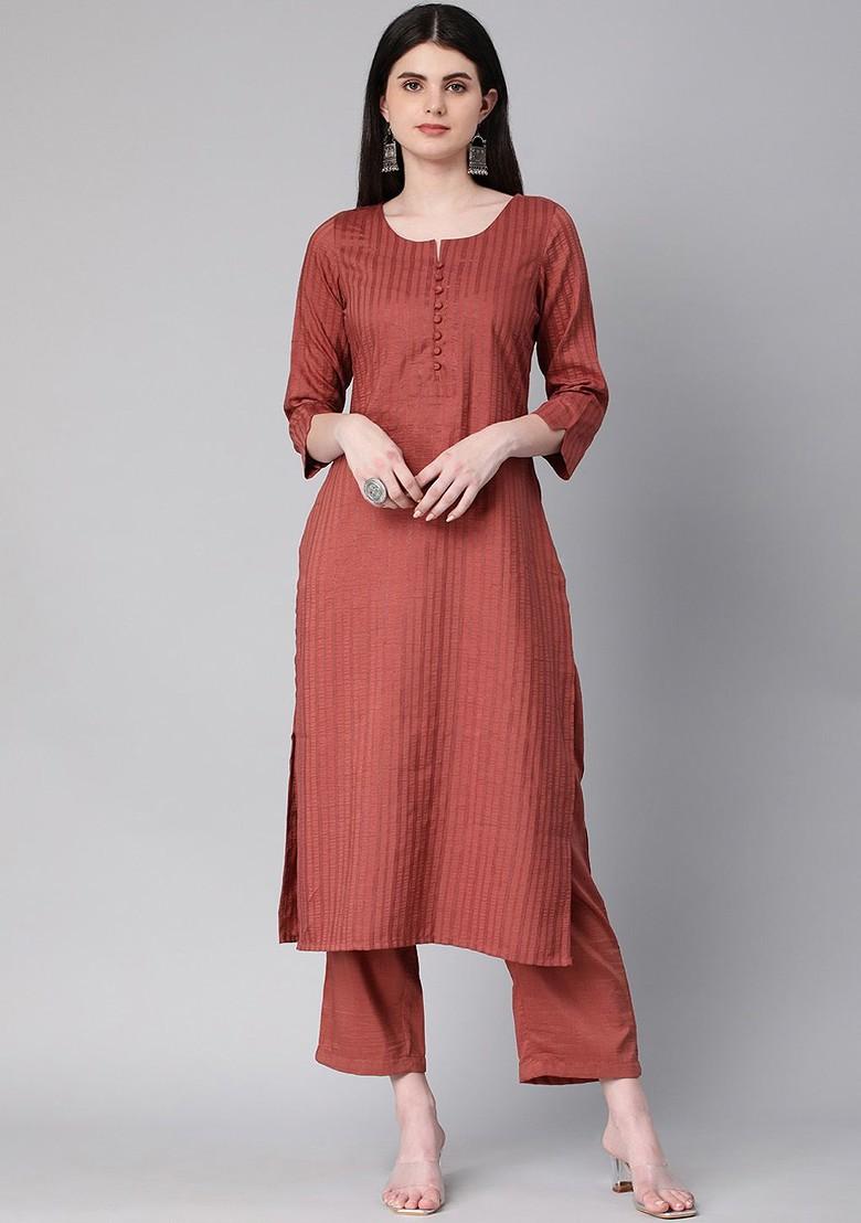 Rust Orange Striped Poly Blend Salwar Kameez 