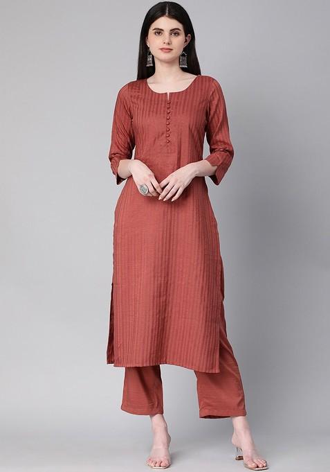 Rust Orange Striped Poly Blend Salwar Kameez With Dupatta