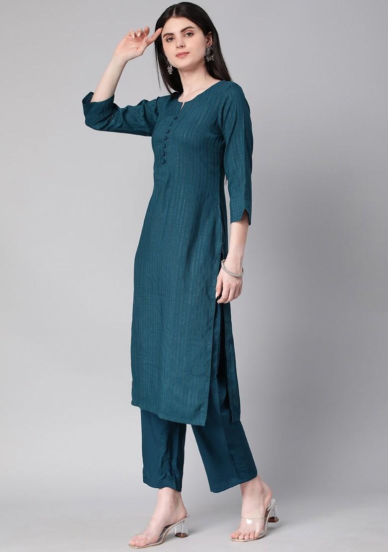 Teal Green Striped Poly Blend Salwar Kameez 