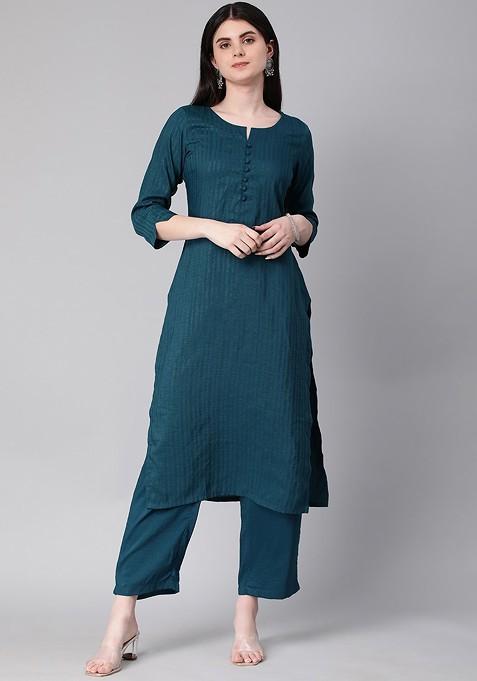 Teal Green Striped Poly Blend Salwar Kameez With Dupatta