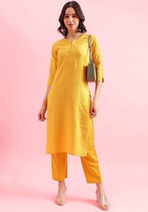 Yellow Striped Poly Blend Salwar Kameez With Dupatta