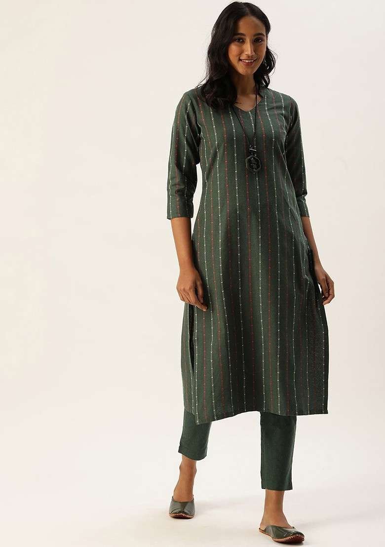 Green Striped Poly Blend Salwar Kameez - Indya