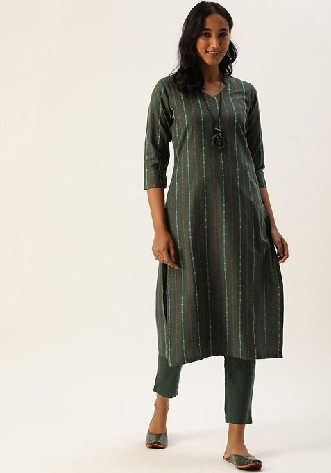 Green Striped Poly Blend Salwar Kameez With Dupatta
