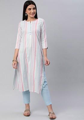 Blue Striped Poly Blend Salwar Kameez