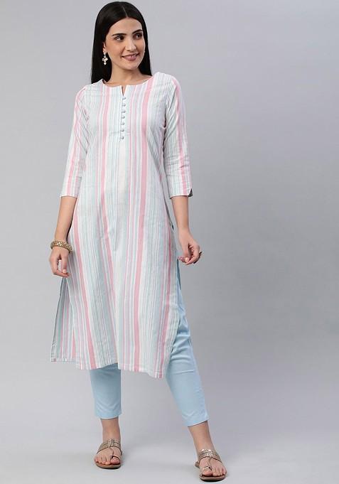Blue Striped Poly Blend Salwar Kameez With Dupatta