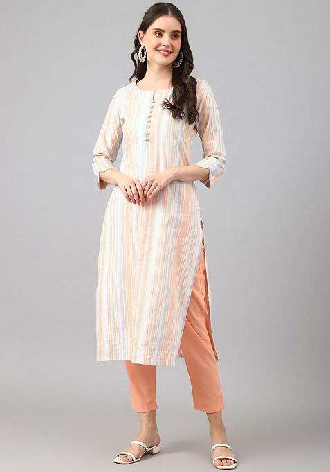 Peach Striped Poly Blend Salwar Kameez With Dupatta