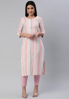 Pink Striped Poly Blend Salwar Kameez