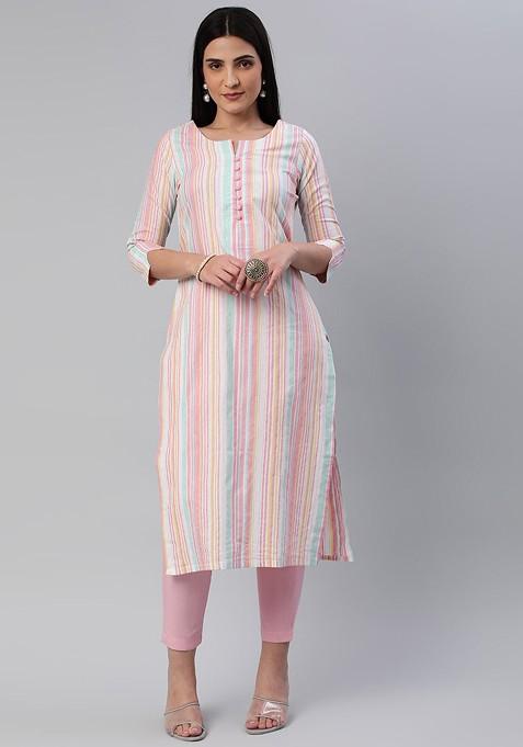 Pink Striped Poly Blend Salwar Kameez With Dupatta