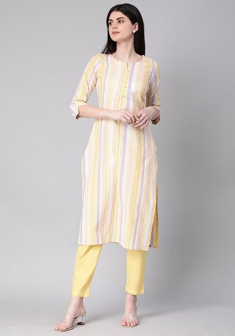 Yellow Striped Poly Blend Salwar Kameez With Dupatta