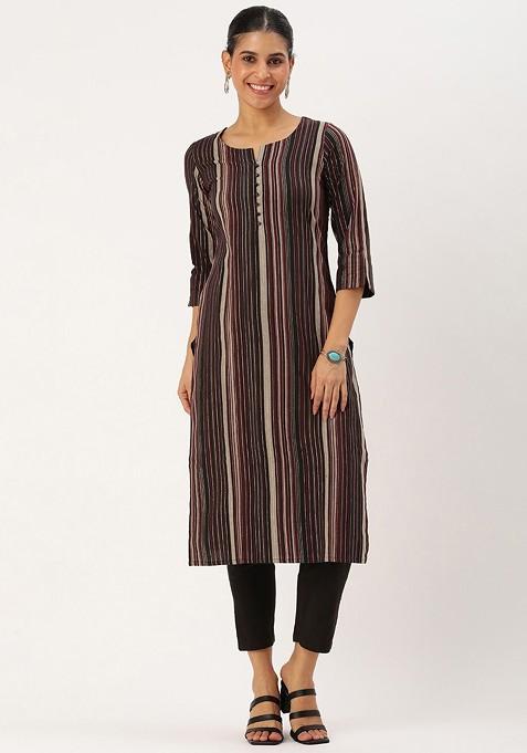 Maroon Striped Poly Blend Salwar Kameez With Dupatta