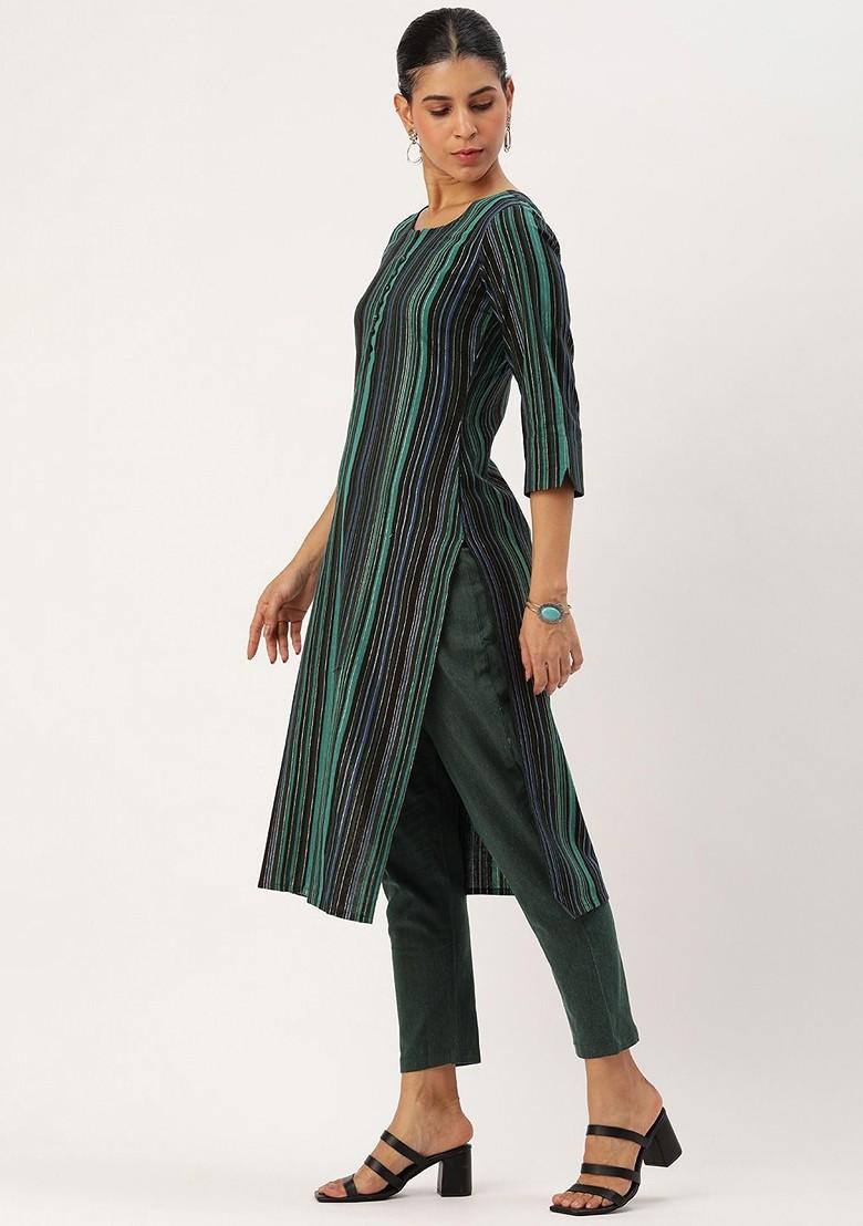 Green Striped Poly Blend Salwar Kameez 