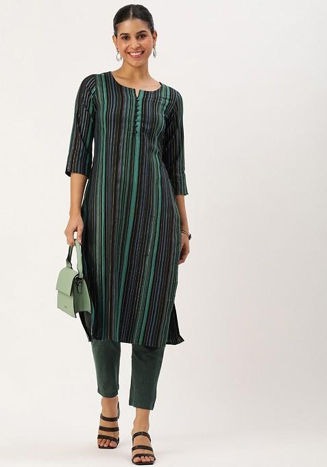 Green Striped Poly Blend Salwar Kameez With Dupatta