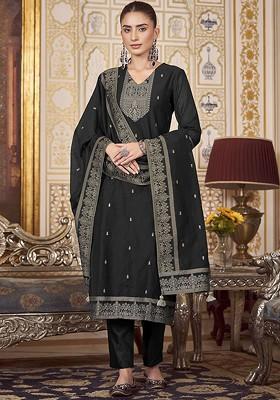 Black Embroidered Poly Blend Salwar Kameez With Dupatta