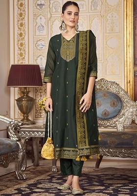 Green Woven Poly Blend Salwar Kameez With Dupatta