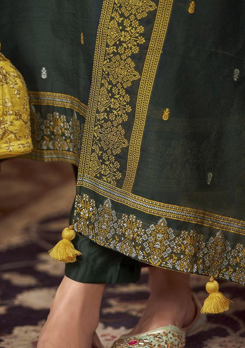 Green Woven Poly Blend Salwar Kameez With Dupatta