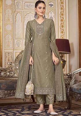 Grey Embroidered Poly Blend Salwar Kameez With Dupatta