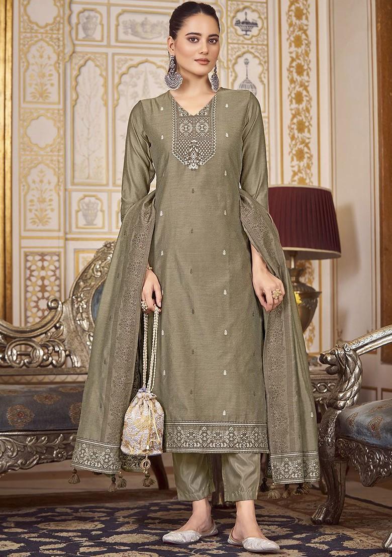 Grey Embroidered Poly Blend Salwar Kameez With Dupatta