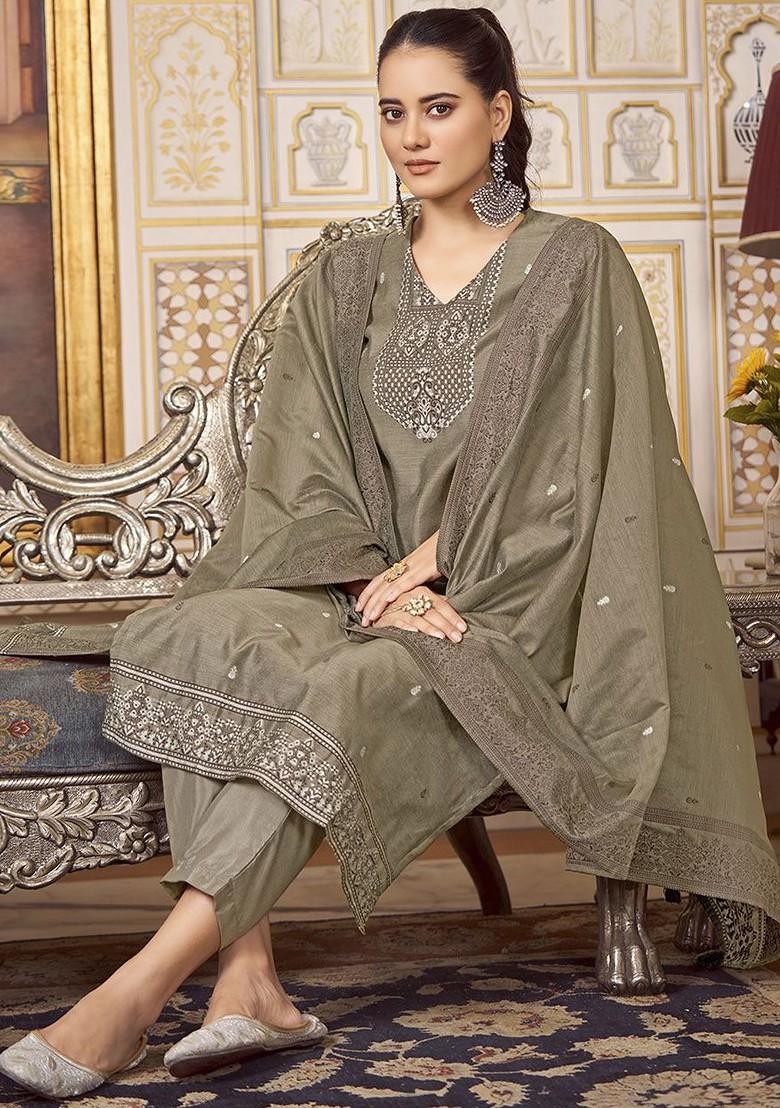 Grey Embroidered Poly Blend Salwar Kameez With Dupatta