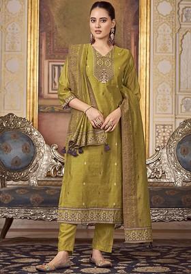 Mustard Yellow Embroidered Poly Blend Salwar Kameez With Dupatta