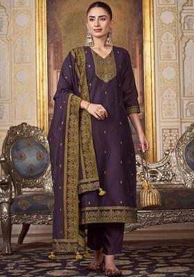 Purple Embroidered Poly Blend Salwar Kameez With Dupatta