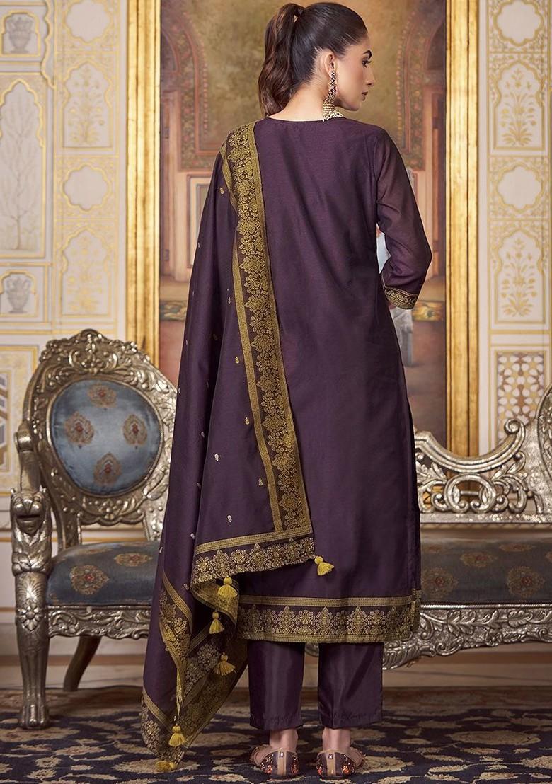 Purple Embroidered Poly Blend Salwar Kameez With Dupatta