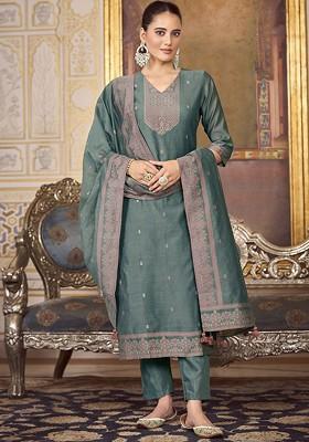 Teal Green Embroidered Poly Blend Salwar Kameez With Dupatta