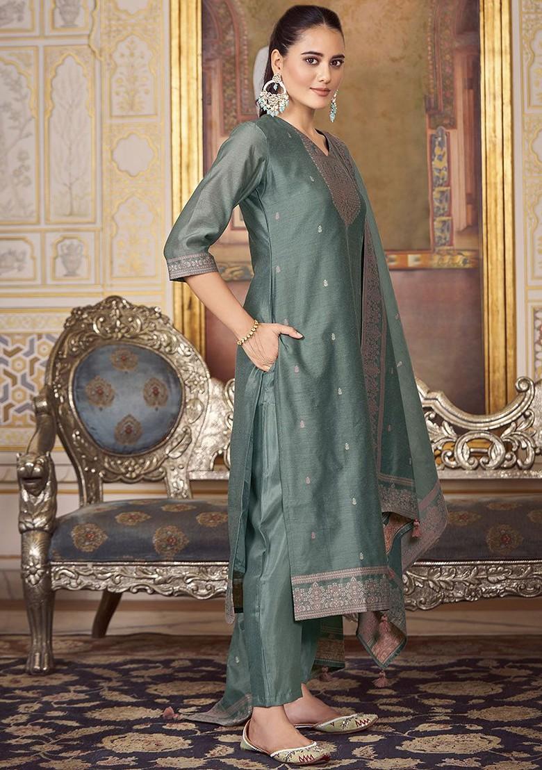 Teal Green Embroidered Poly Blend Salwar Kameez With Dupatta