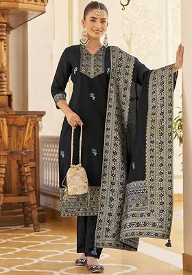 Black Woven Poly Blend Salwar Kameez With Dupatta