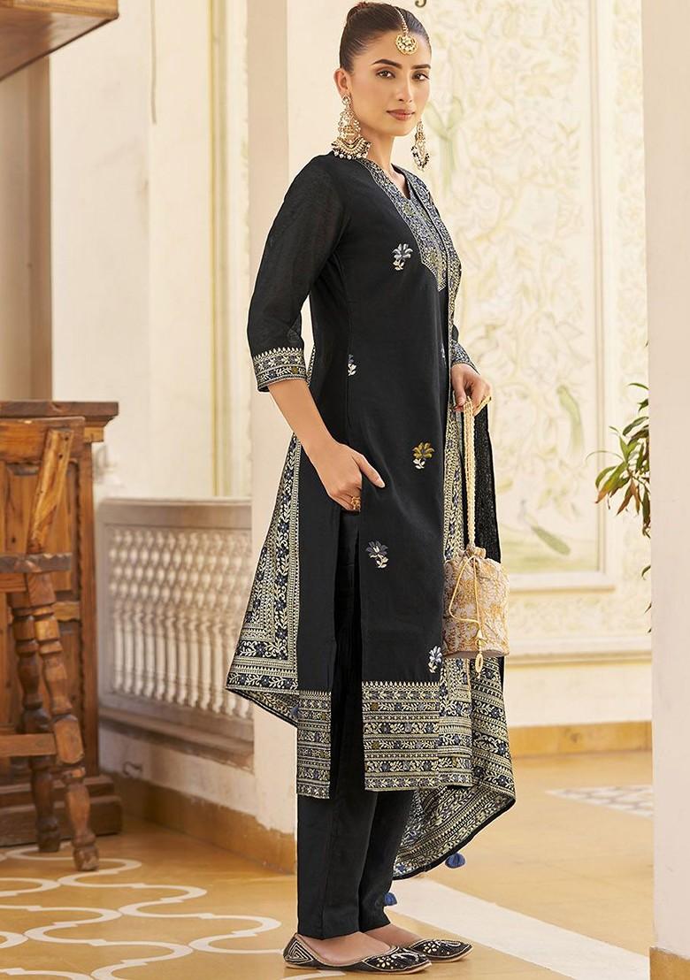 Black Woven Poly Blend Salwar Kameez With Dupatta