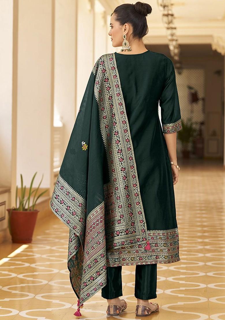 Green Woven Poly Blend Salwar Kameez With Dupatta
