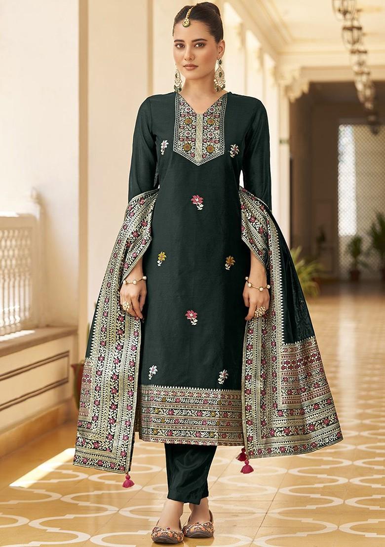 Green Woven Poly Blend Salwar Kameez With Dupatta