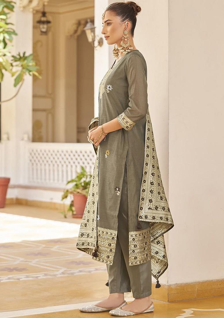 Grey Woven Poly Blend Salwar Kameez With Dupatta