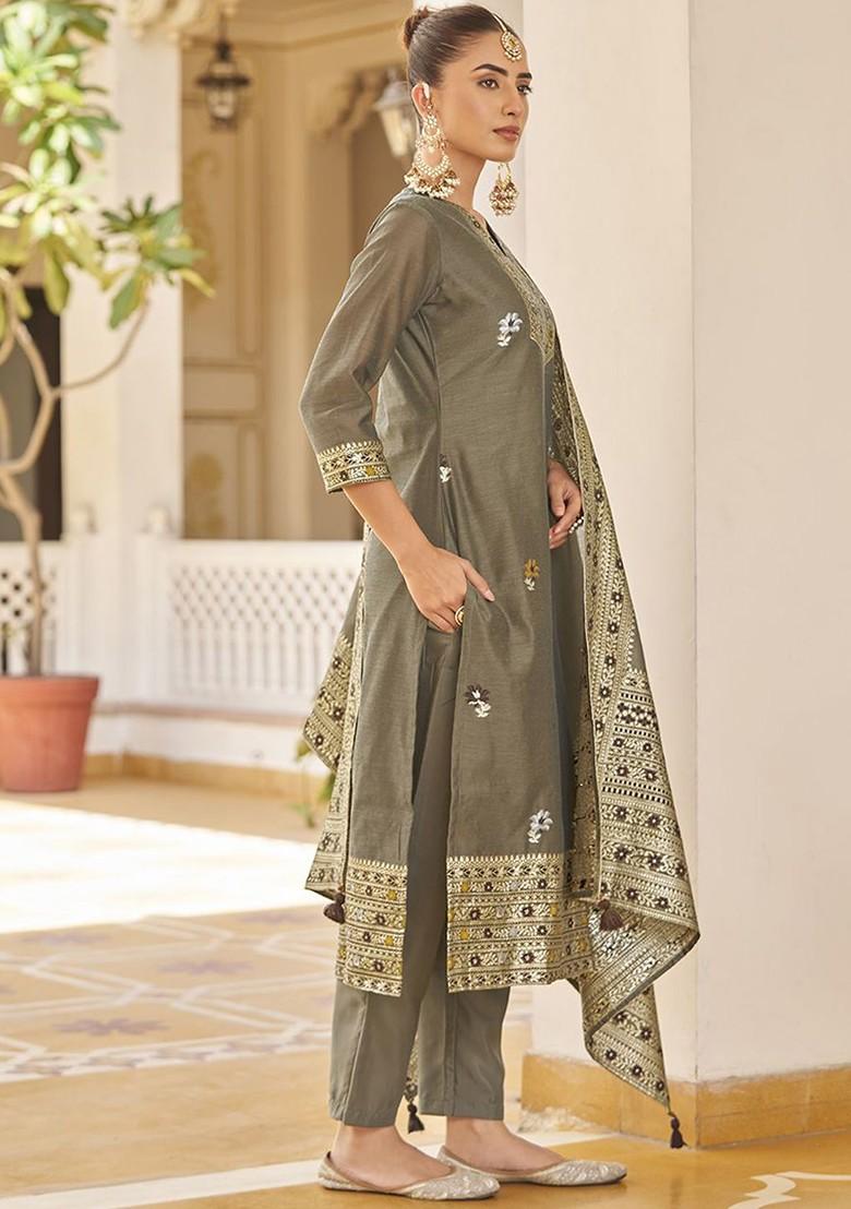 Grey Woven Poly Blend Salwar Kameez With Dupatta