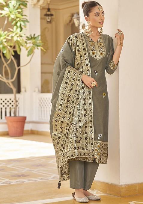 Grey Woven Poly Blend Salwar Kameez With Dupatta