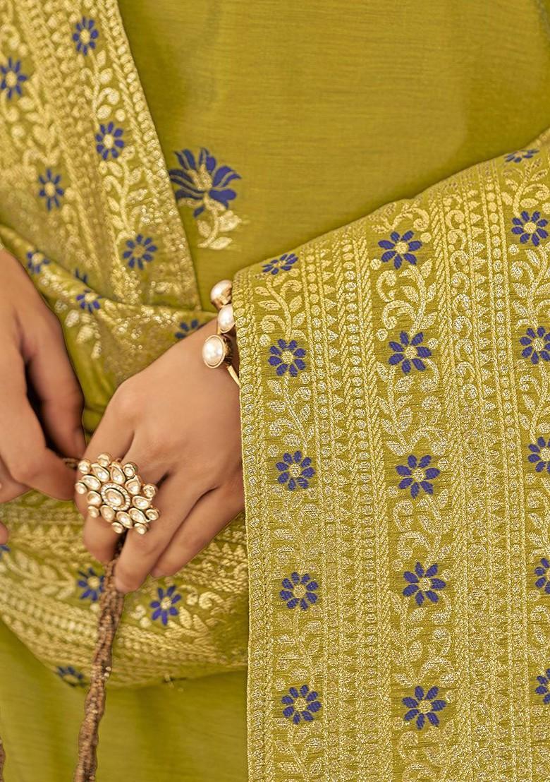 Mustard Yellow Woven Poly Blend Salwar Kameez With Dupatta