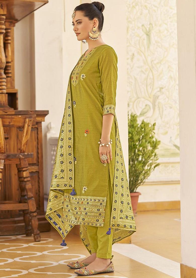 Mustard Yellow Woven Poly Blend Salwar Kameez With Dupatta