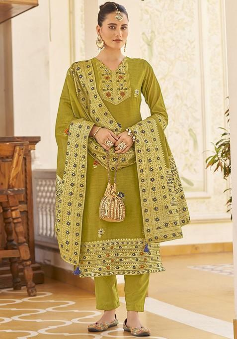 Mustard Yellow Woven Poly Blend Salwar Kameez With Dupatta