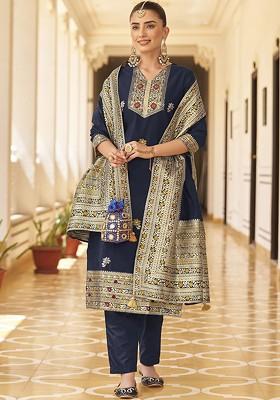 Navy Blue Embroidered Poly Blend Salwar Kameez With Dupatta