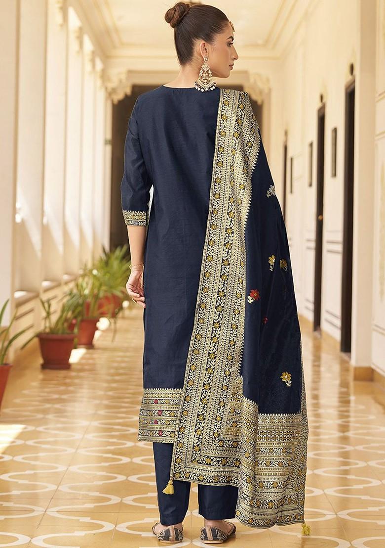 Navy Blue Embroidered Poly Blend Salwar Kameez With Dupatta