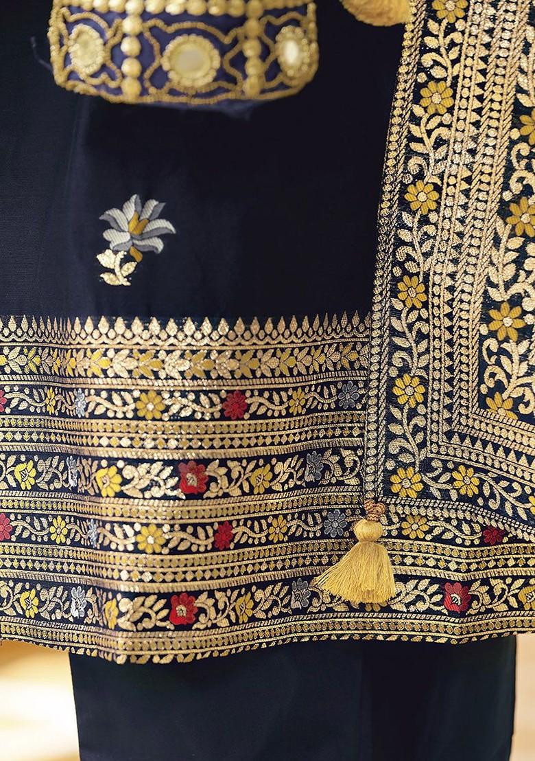 Navy Blue Embroidered Poly Blend Salwar Kameez With Dupatta