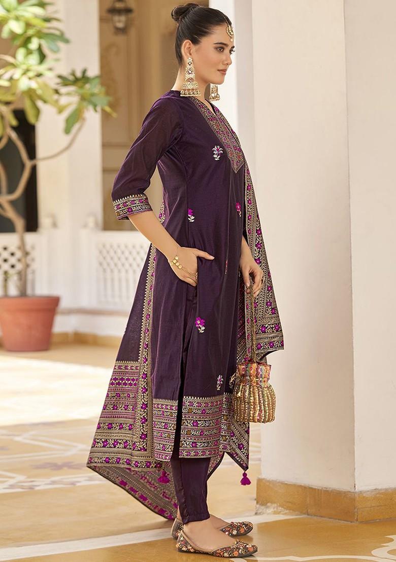 Purple Woven Poly Blend Salwar Kameez With Dupatta