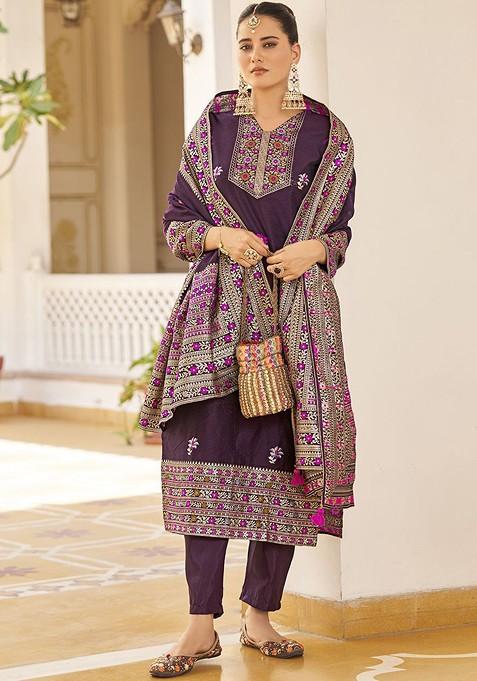 Purple Woven Poly Blend Salwar Kameez With Dupatta