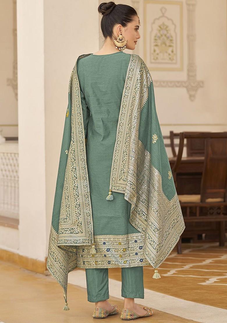 Teal Green Woven Poly Blend Salwar Kameez With Dupatta