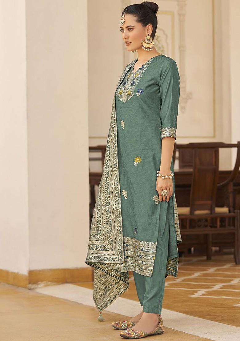 Teal Green Woven Poly Blend Salwar Kameez With Dupatta