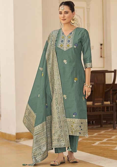 Teal Green Woven Poly Blend Salwar Kameez With Dupatta