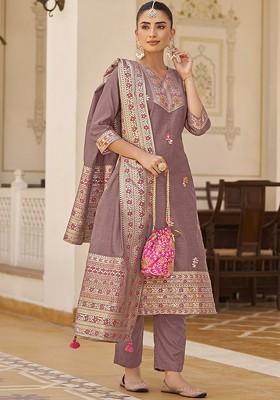 Magenta Woven Poly Blend Salwar Kameez With Dupatta