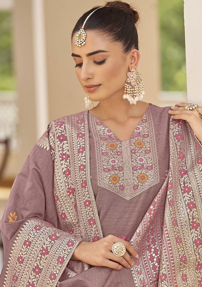 Magenta Woven Poly Blend Salwar Kameez With Dupatta